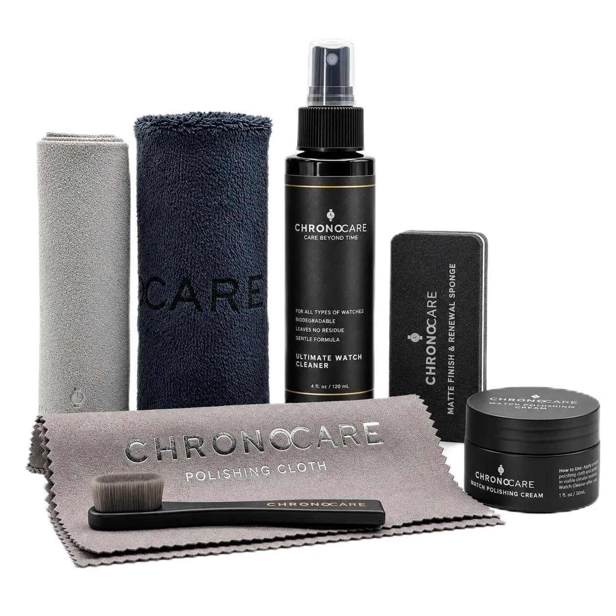 ChronoCare Watch Polishing & Cleaning Kit – Scratch Repair Cream, Cloth, Spray, Sponge, Brush & Towel, Safe for Luxury Metal Watches - main product image