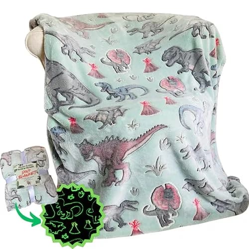 Blanket Buddies Glow in The Dark Dinosaur Throw Blanket 50" x 60" (127 x 152 cm) | Soft Fleece Kids Blanket with T Rex, Velociraptor thumbnail 1