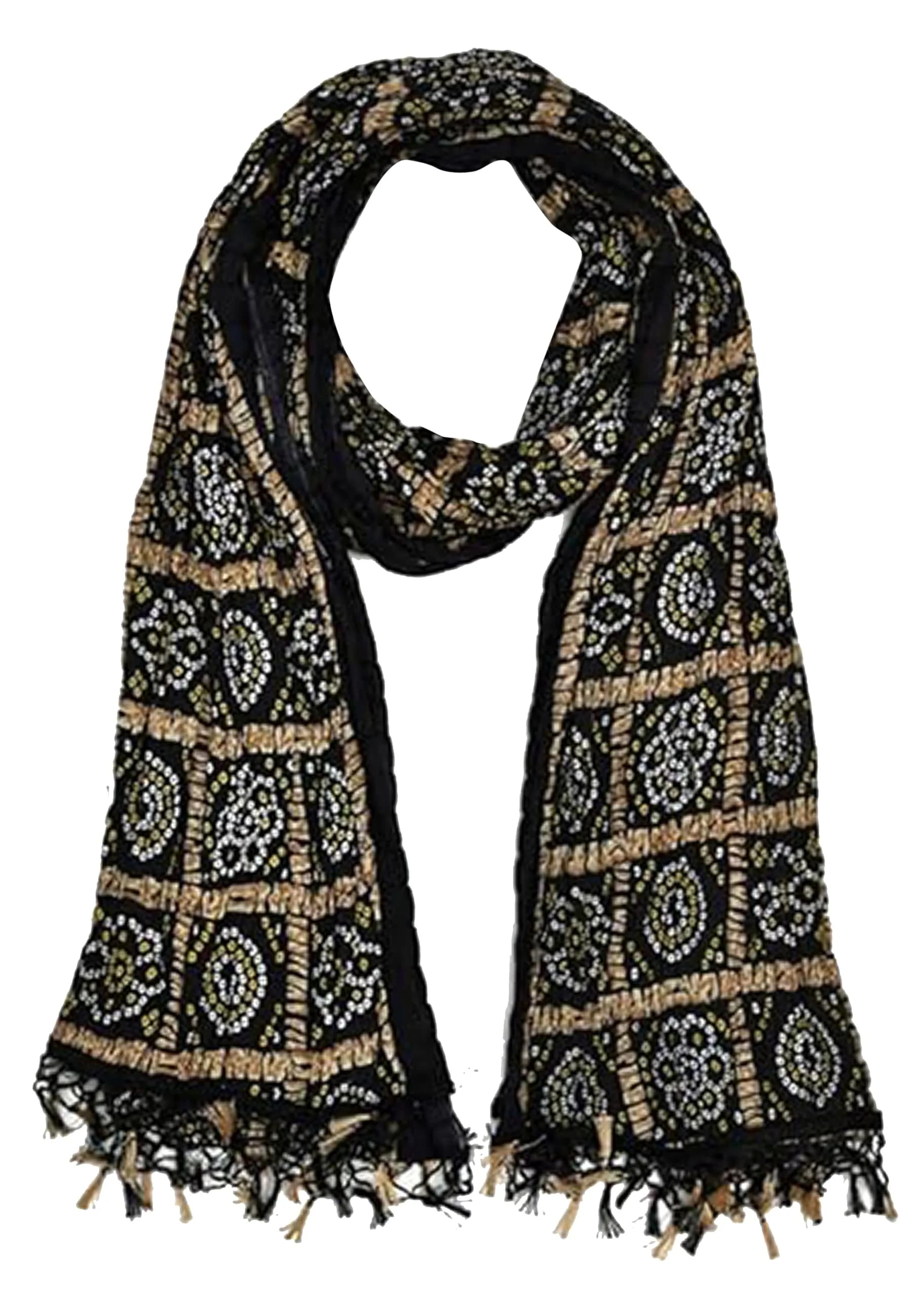 TRENDMALLS Women's Bandhej Chinon Silk Dupatta 225cm x 120cm | Black Geometric Print with Tassel Border — Black