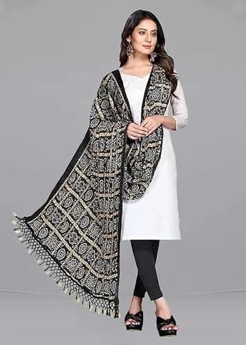 TRENDMALLS Women's Bandhej Chinon Silk Dupatta 225cm x 120cm | Black Geometric Print with Tassel Border thumbnail 4