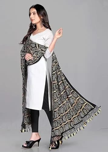 TRENDMALLS Women's Bandhej Chinon Silk Dupatta 225cm x 120cm | Black Geometric Print with Tassel Border thumbnail 3