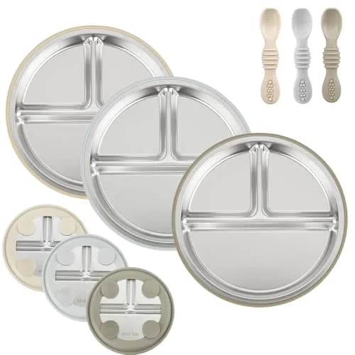 PandaEar 3 Pack Stainless Steel Baby Suction Plates | Divided Toddler Plate for Baby Led Weaning, Non-Slip, Dishwasher Safe thumbnail 1