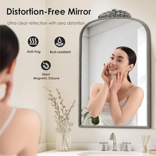 SDHYL 36x24 Inch Vintage Wall-Mounted Bathroom Mirror Cabinet, Silver | Adjustable Shelves & Rustic Design thumbnail 3
