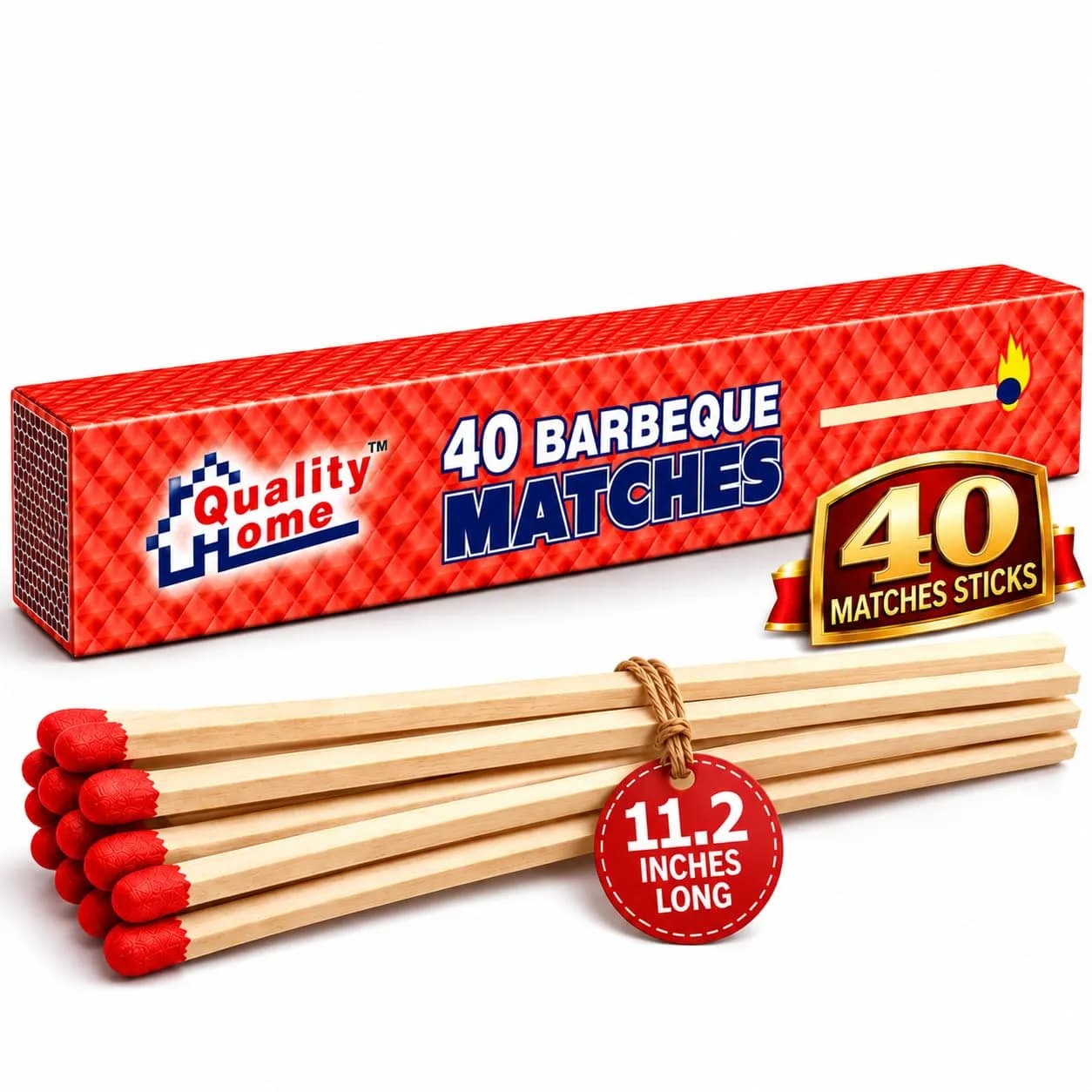 Quality Home 11.2" Extra Long Wooden Safety Matches | Safe Reach for Fireplace, Candles, BBQ — Brown