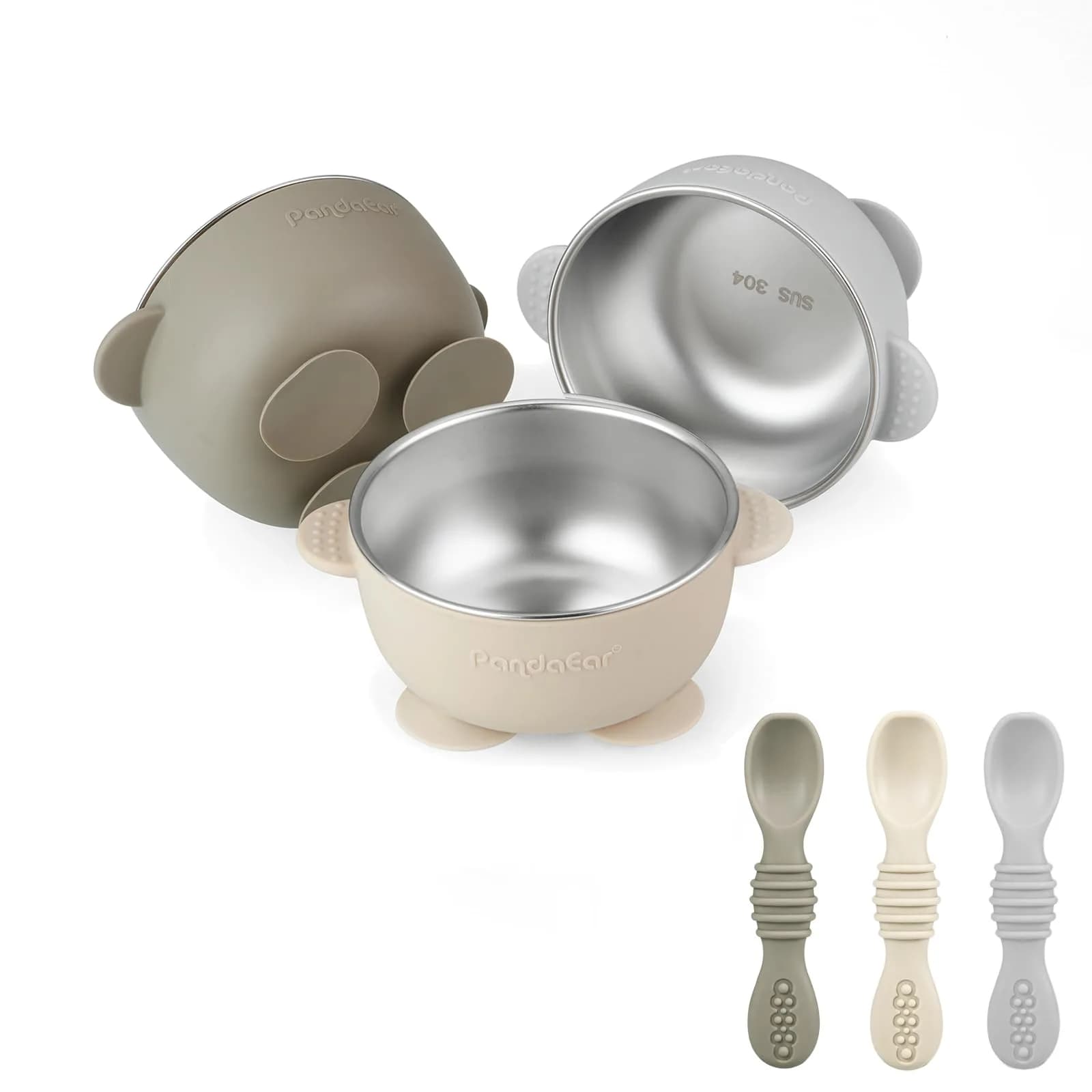 PandaEar 3 Pack Stainless Steel Suction Baby Bowls & Spoons Set | BPA-Free Baby Led Weaning Set (Linen Brown Grey)