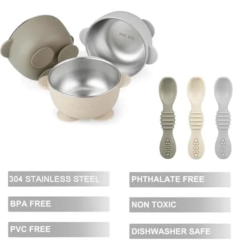 PandaEar 3 Pack Stainless Steel Suction Baby Bowls & Spoons Set | BPA-Free Baby Led Weaning Set (Linen Brown Grey) thumbnail 4