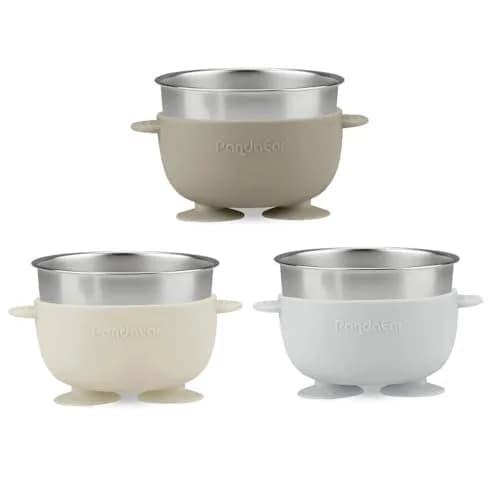 PandaEar 3 Pack Stainless Steel Suction Baby Bowls & Spoons Set | BPA-Free Baby Led Weaning Set (Linen Brown Grey) thumbnail 5