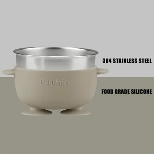 PandaEar 3 Pack Stainless Steel Suction Baby Bowls & Spoons Set | BPA-Free Baby Led Weaning Set (Linen Brown Grey) thumbnail 6