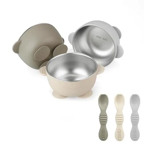 PandaEar 3 Pack Stainless Steel Suction Baby Bowls & Spoons Set | BPA-Free Baby Led Weaning Set (Linen Brown Grey) thumbnail 1