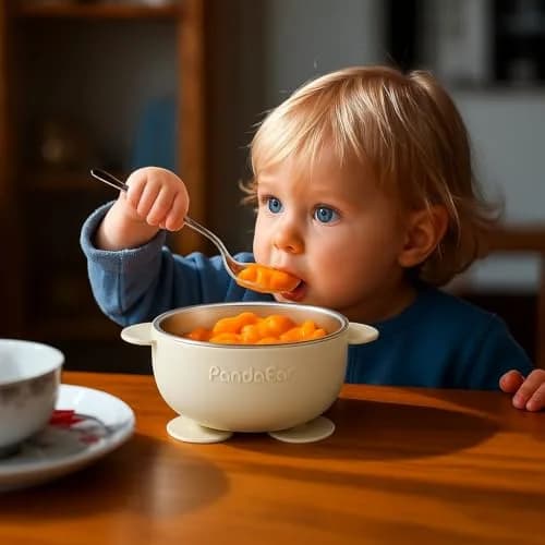 PandaEar 3 Pack Stainless Steel Suction Baby Bowls & Spoons Set | BPA-Free Baby Led Weaning Set (Linen Brown Grey) thumbnail 2