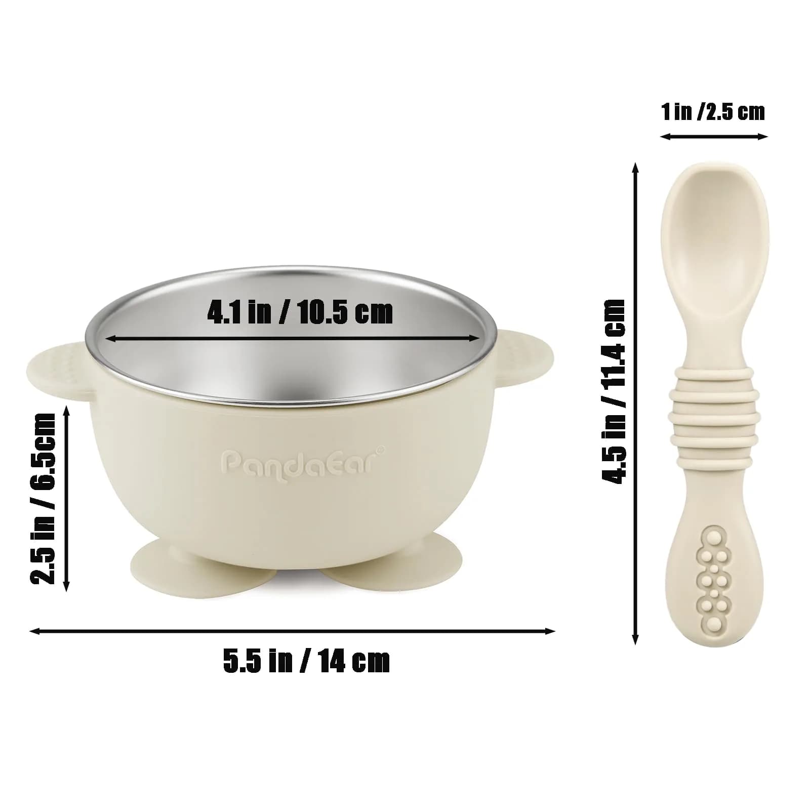 PandaEar 3 Pack Stainless Steel Suction Baby Bowls & Spoons Set | BPA-Free Baby Led Weaning Set (Linen Brown Grey) - view 3