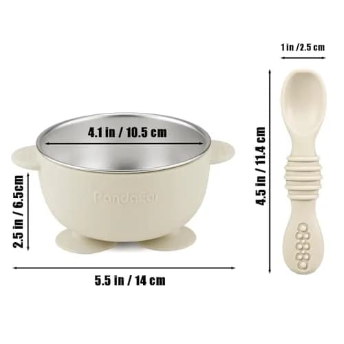 PandaEar 3 Pack Stainless Steel Suction Baby Bowls & Spoons Set | BPA-Free Baby Led Weaning Set (Linen Brown Grey) thumbnail 3