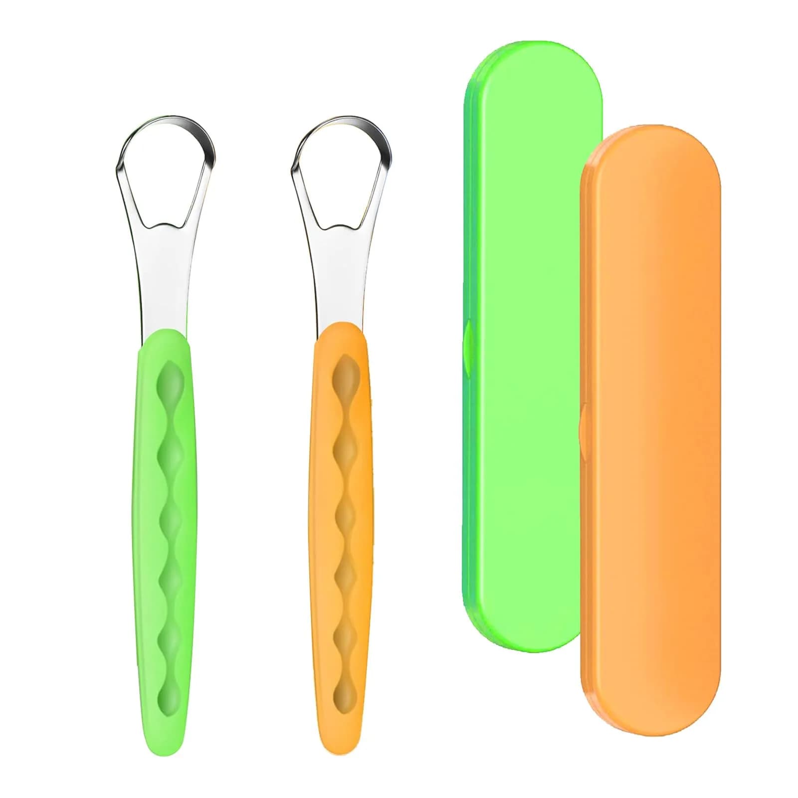 RIKKUSE 2-Pack Stainless Steel Tongue Scraper Set with Travel Cases | Removes Bad Breath & Buildup — Greenorange