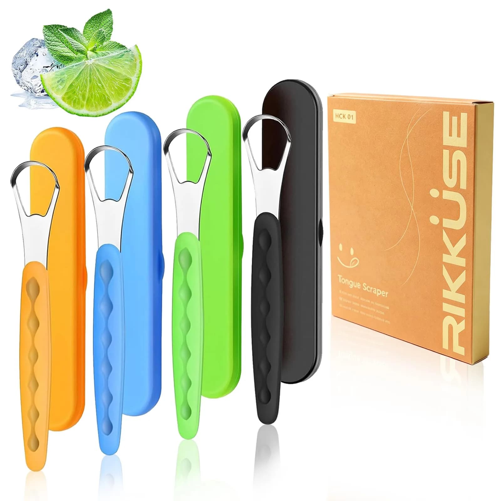 RIKKUSE 2-Pack Stainless Steel Tongue Scraper with Travel Case | Oral Hygiene Tool for Bad Breath — 4color