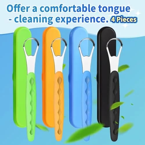 RIKKUSE Stainless Steel Tongue Scraper Set 4-Pack (5 inches Length) | Removes Bad Breath & Buildup thumbnail 2