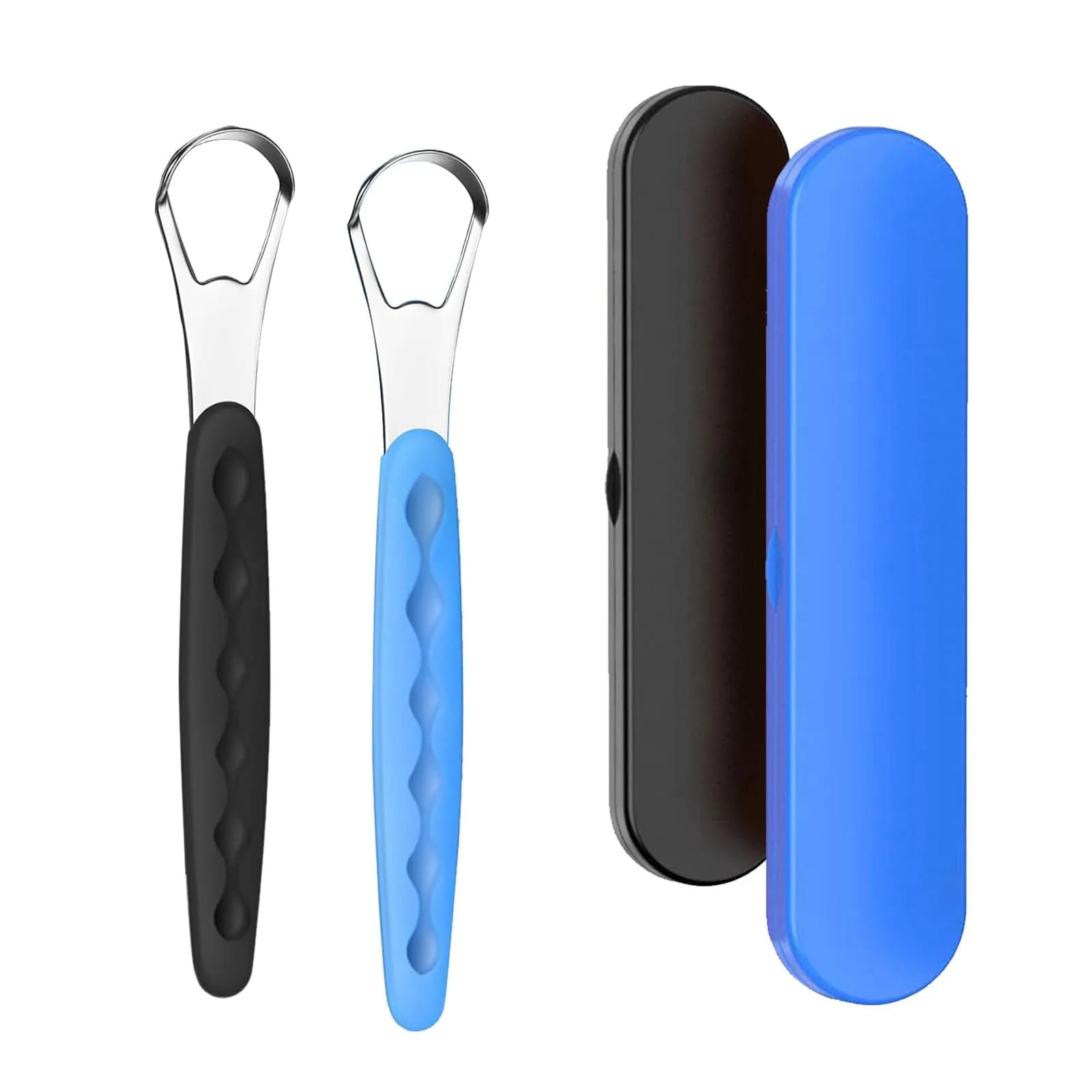 RIKKUSE 2-Pack Stainless Steel Tongue Scraper with Travel Case | Oral Hygiene Tool for Bad Breath — Blueblack