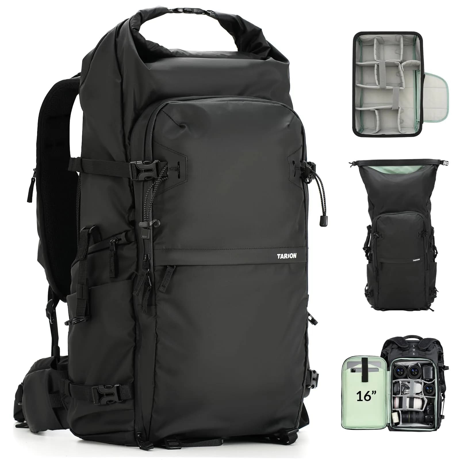TARION Extra Large Camera Backpack 35L Expandable Rolltop Black | Water-Resistant, Ergonomic for Long Shoots — Xprober Backpack
