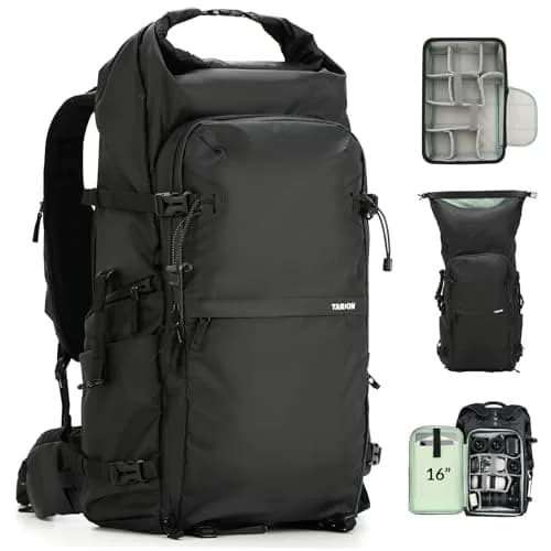 TARION Extra Large Camera Backpack 35L Expandable Rolltop Black | Water-Resistant, Ergonomic for Long Shoots thumbnail 1