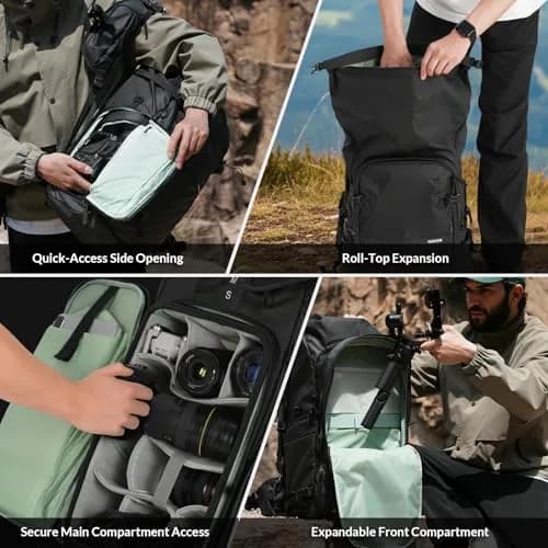 TARION Extra Large Camera Backpack 35L Expandable Rolltop Black | Water-Resistant, Ergonomic for Long Shoots thumbnail 7