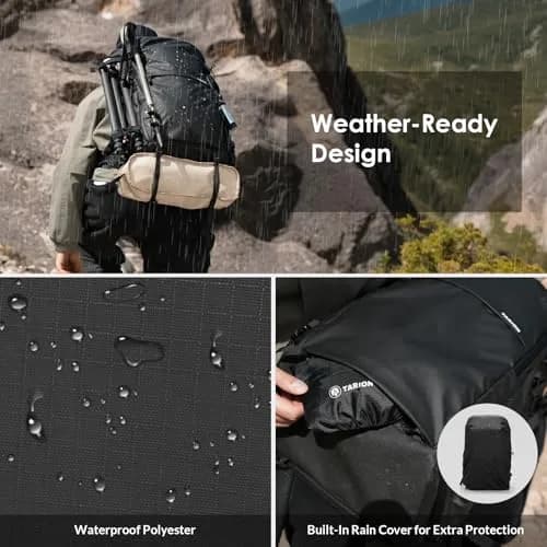 TARION Extra Large Camera Backpack 35L Expandable Rolltop Black | Water-Resistant, Ergonomic for Long Shoots thumbnail 8