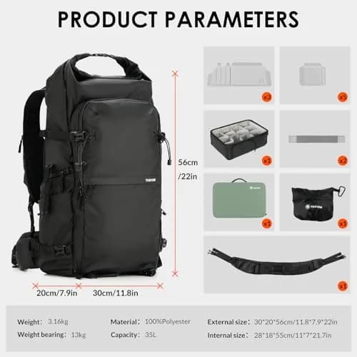 TARION Extra Large Camera Backpack 35L Expandable Rolltop Black | Water-Resistant, Ergonomic for Long Shoots thumbnail 9