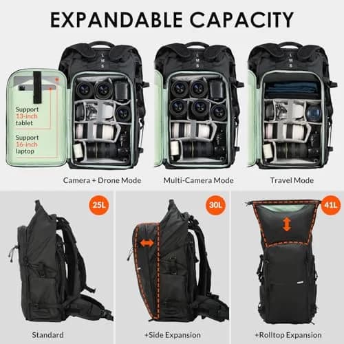 TARION Extra Large Camera Backpack 35L Expandable Rolltop Black | Water-Resistant, Ergonomic for Long Shoots thumbnail 2
