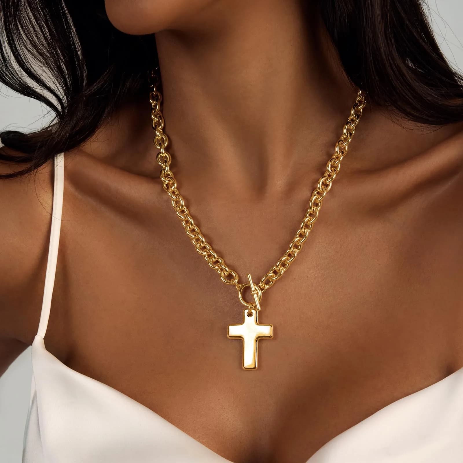 HERIER Chunky Cross-Gold Necklace for Women, 18K Gold Plated - view 3