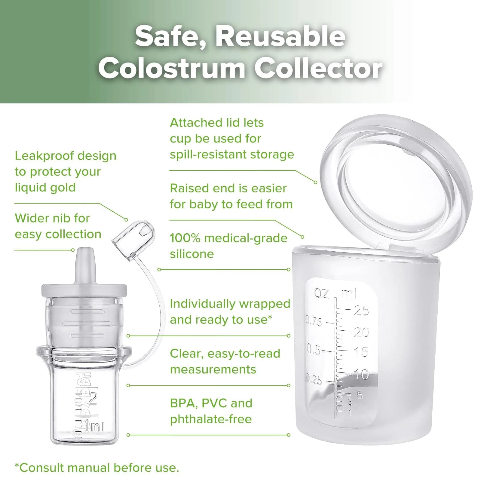 haakaa Colostrum Collector Kit 2ml/6pcs & Lidded Feeding Cup 25ml | Award-Winning Design for Newborns - view 4