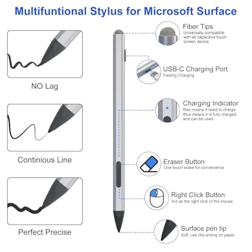 Arsandyn Surface Pro Pencil Stylus Pen for Surface Pro 12/11/9/10/8/X/7/6/5/4/3 with 4 Nibs, 4096 Pressure Levels, Palm Rejection, Silver (14.5 cm) thumbnail 2
