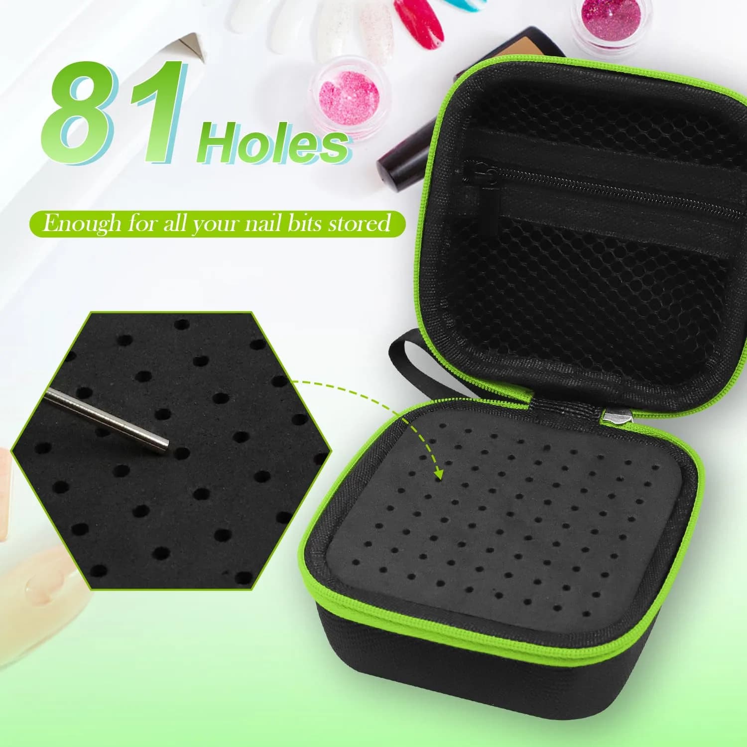 Thowapou Green 81-Hole Nail Drill Bit Holder Case | Waterproof Portable Organizer - view 7