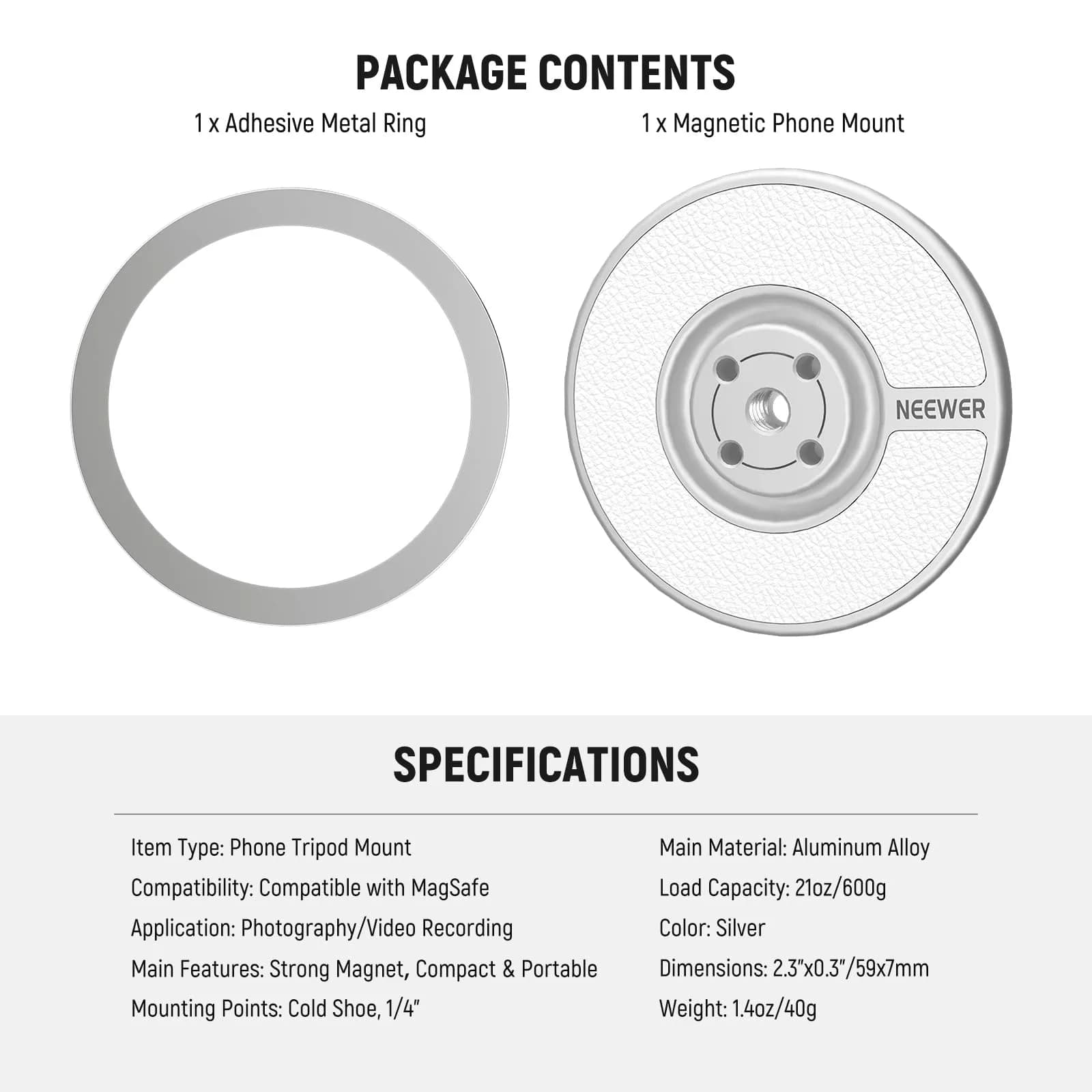 NEEWER Magnetic Phone Tripod Mount Adapter with Adhesive Metal Ring & 1/4" Thread | Silver, 59x7mm (2.3"x0.3") - view 8