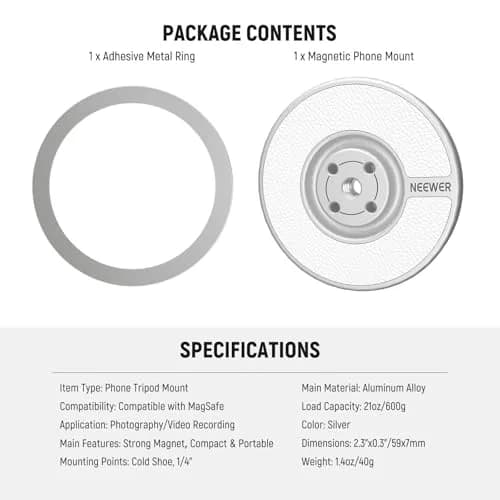 NEEWER Magnetic Phone Tripod Mount Adapter with Adhesive Metal Ring & 1/4" Thread | Silver, 59x7mm (2.3"x0.3") thumbnail 8
