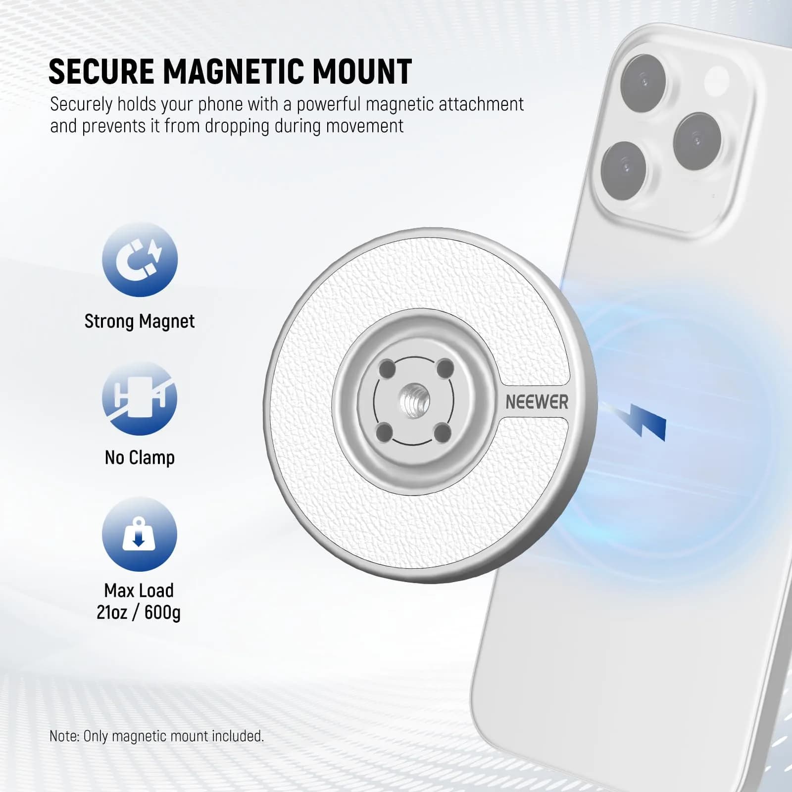 NEEWER Magnetic Phone Tripod Mount Adapter with Adhesive Metal Ring & 1/4" Thread | Silver, 59x7mm (2.3"x0.3") - view 2
