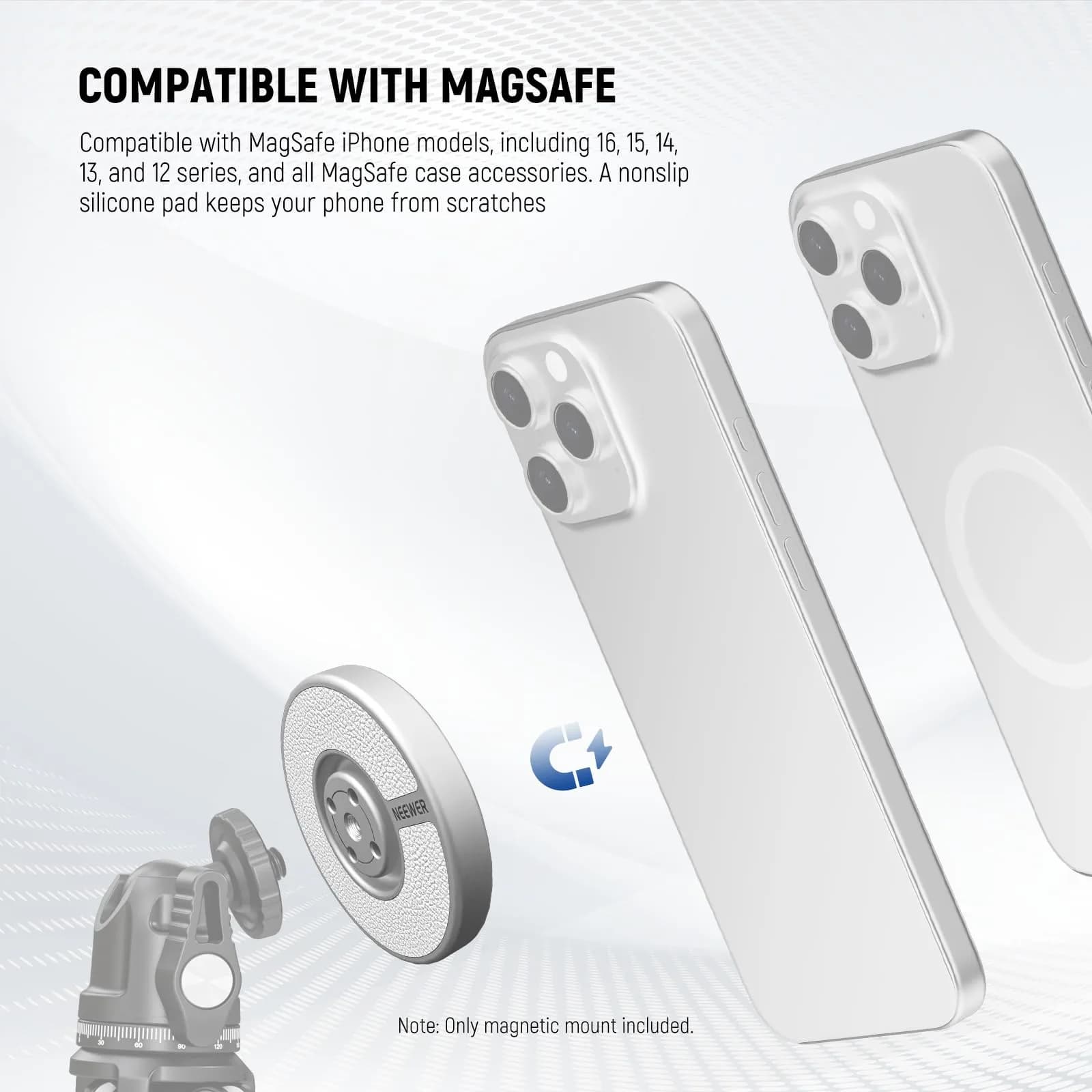 NEEWER Magnetic Phone Tripod Mount Adapter with Adhesive Metal Ring & 1/4" Thread | Silver, 59x7mm (2.3"x0.3") - view 3