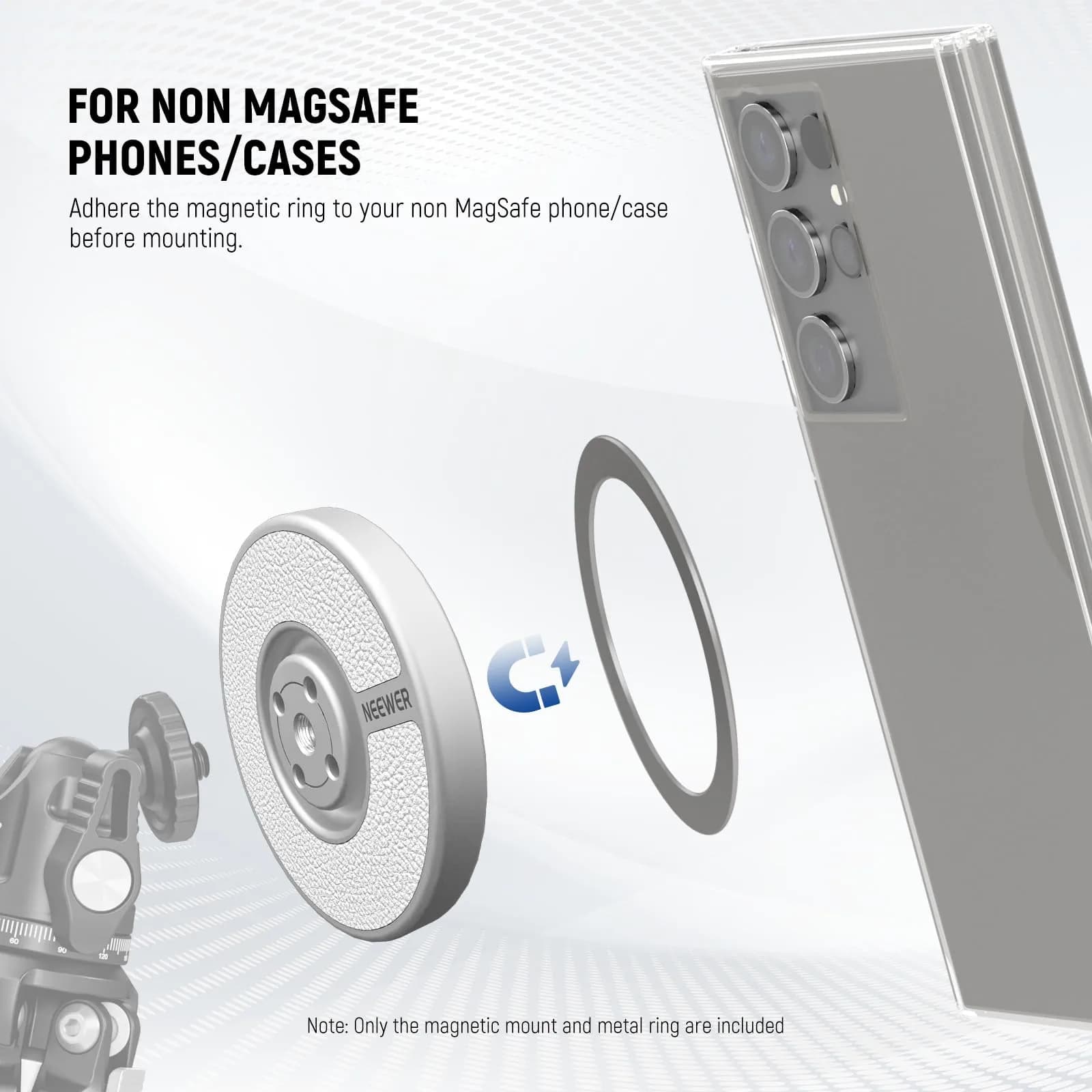 NEEWER Magnetic Phone Tripod Mount Adapter with Adhesive Metal Ring & 1/4" Thread | Silver, 59x7mm (2.3"x0.3") - view 4