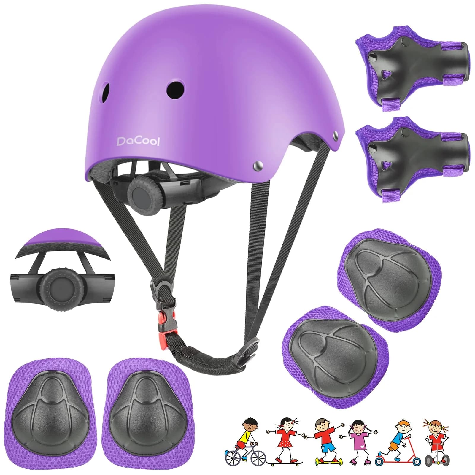 DaCool Kids Bike Helmet & Protective Gear Set with Knee Pads, Elbow Pads, Wrist Guards - Purple, Small (3-10 yrs) | Adjustable Fit for Sport Cycling - main product image
