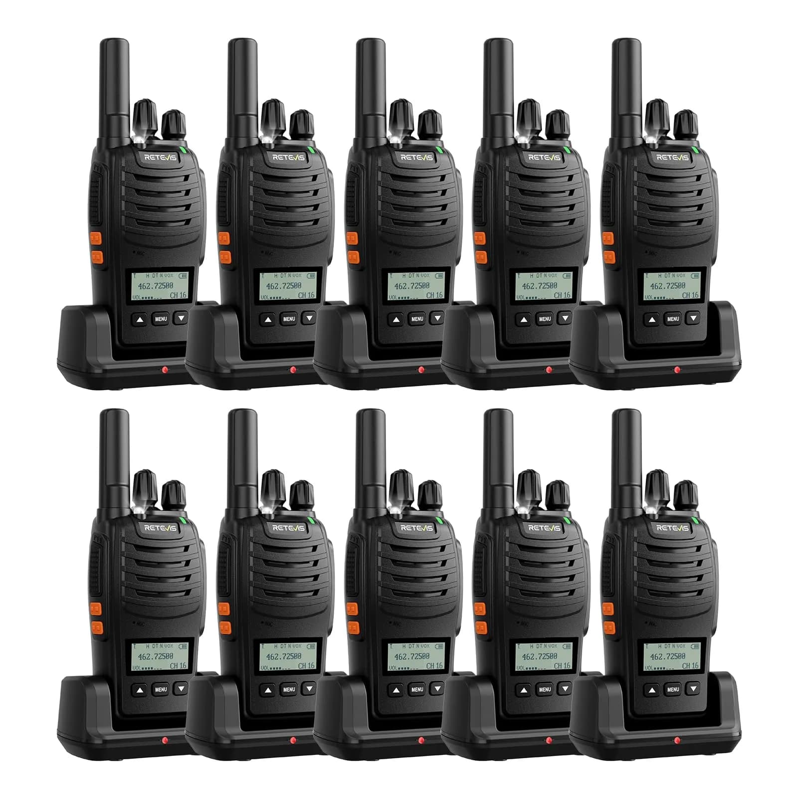 Retevis H-777 Walkie Talkies with Mic for Adults | Long Range 2 Way Radios, 16 Channels, Emergency Alarm, VOX Hands-Free, 10 Pack — Black