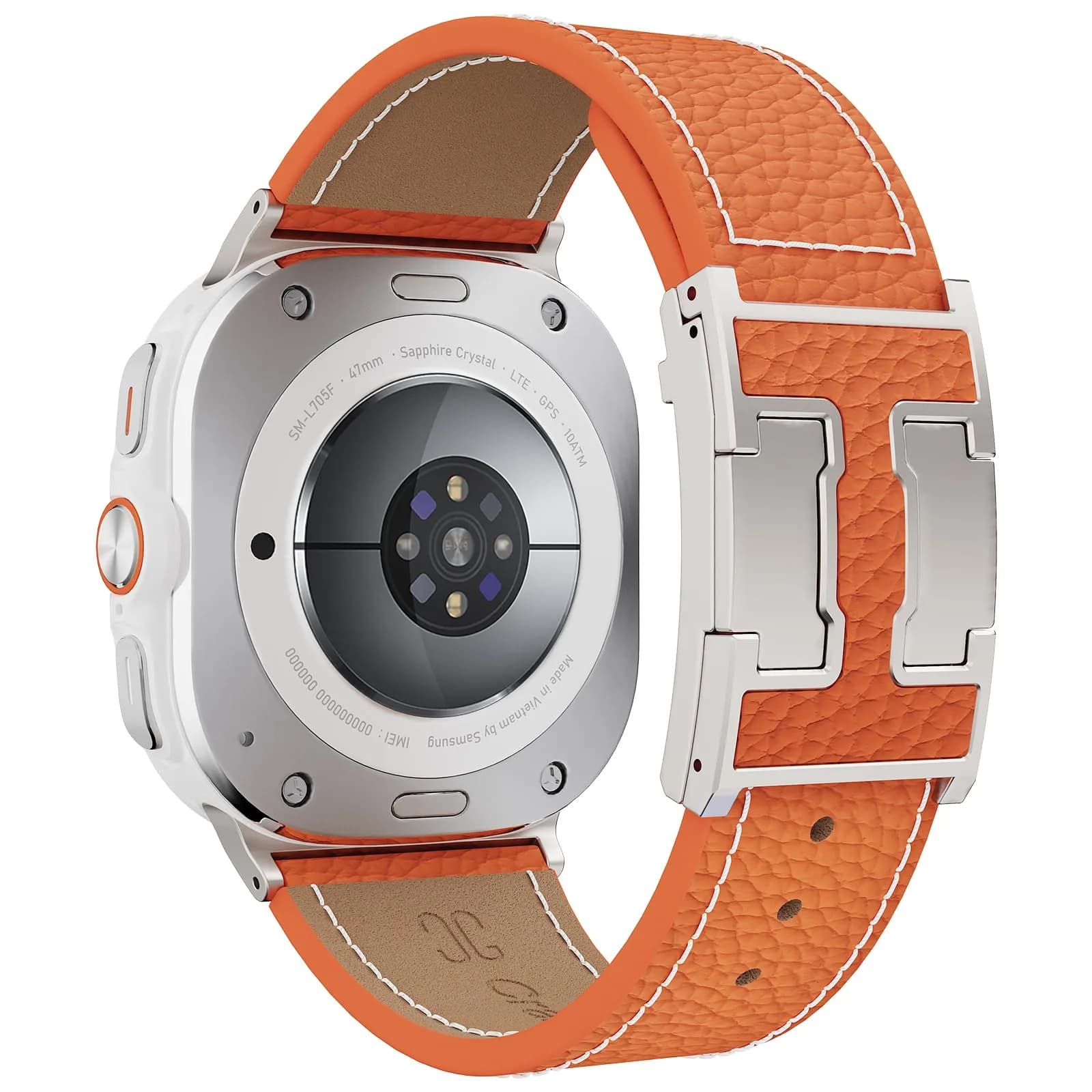 CrazyGrass Leather Band Compatible with Galaxy Watch Ultra 47mm | Magnetic Clasp, Genuine Leather — (Lychee)Orange Band +Silver Buckle