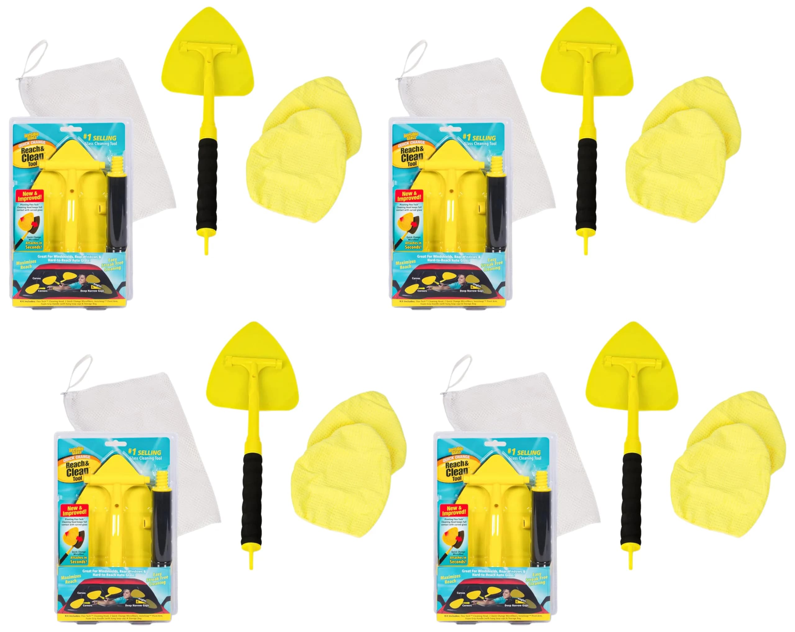 Invisible Glass Reach & Clean Windshield Cleaner Tool Kit 4-Pack | Streak-Free Glass for Cars, Homes — Yellow