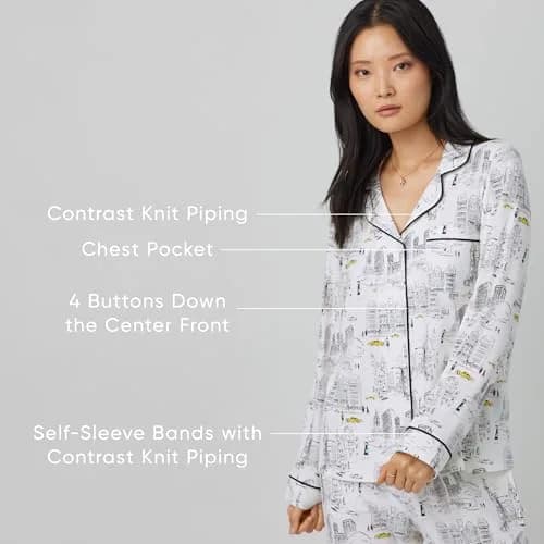 Trina Turk Organic Cotton Pajama Set | Long Sleeve Notch Collar & Pant, Pink Aqua Cranes, X-Large thumbnail 4