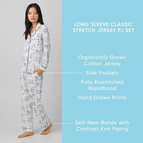Trina Turk Organic Cotton Pajama Set | Long Sleeve Notch Collar & Pant, Pink Aqua Cranes, X-Large thumbnail 3