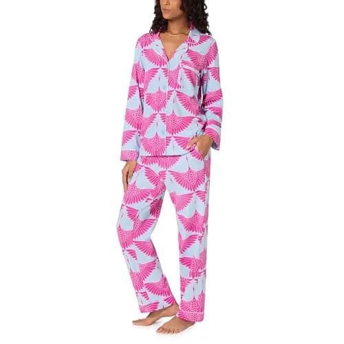 Trina Turk Organic Cotton Pajama Set | Long Sleeve Notch Collar & Pant, Pink Aqua Cranes, X-Small thumbnail 1