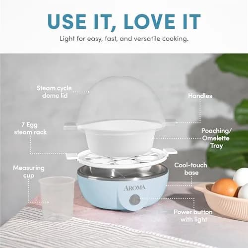 AROMA Overly Easy Egg Cooker, Steamer & Poacher | XL Capacity Fits 7 Eggs, Blue thumbnail 4