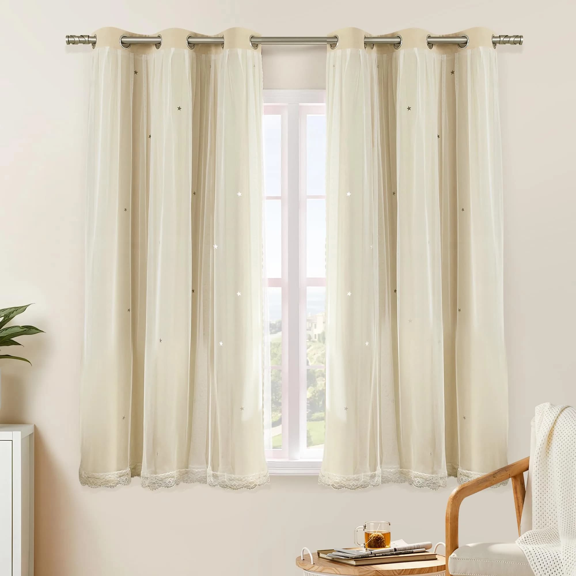 XiDi Beige Curtains for Bedroom Girls, Kids Room, 34 x54 inch 1 Panel | Dreamlike Star Cutout Design with 80% Blackout