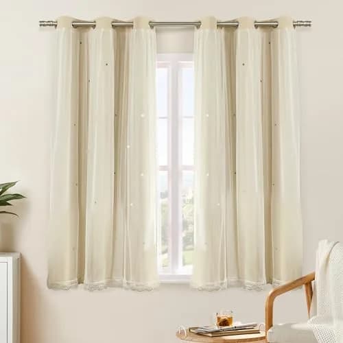 XiDi Beige Curtains for Bedroom Girls, Kids Room, 34 x54 inch 1 Panel | Dreamlike Star Cutout Design with 80% Blackout thumbnail 1