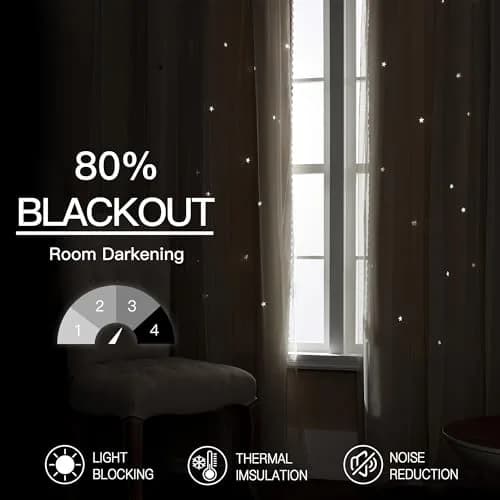 XiDi Beige Curtains for Bedroom Girls, Kids Room, 34 x54 inch 1 Panel | Dreamlike Star Cutout Design with 80% Blackout thumbnail 6