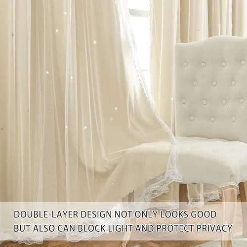 XiDi Beige Curtains for Bedroom Girls, Kids Room, 34 x54 inch 1 Panel | Dreamlike Star Cutout Design with 80% Blackout thumbnail 3