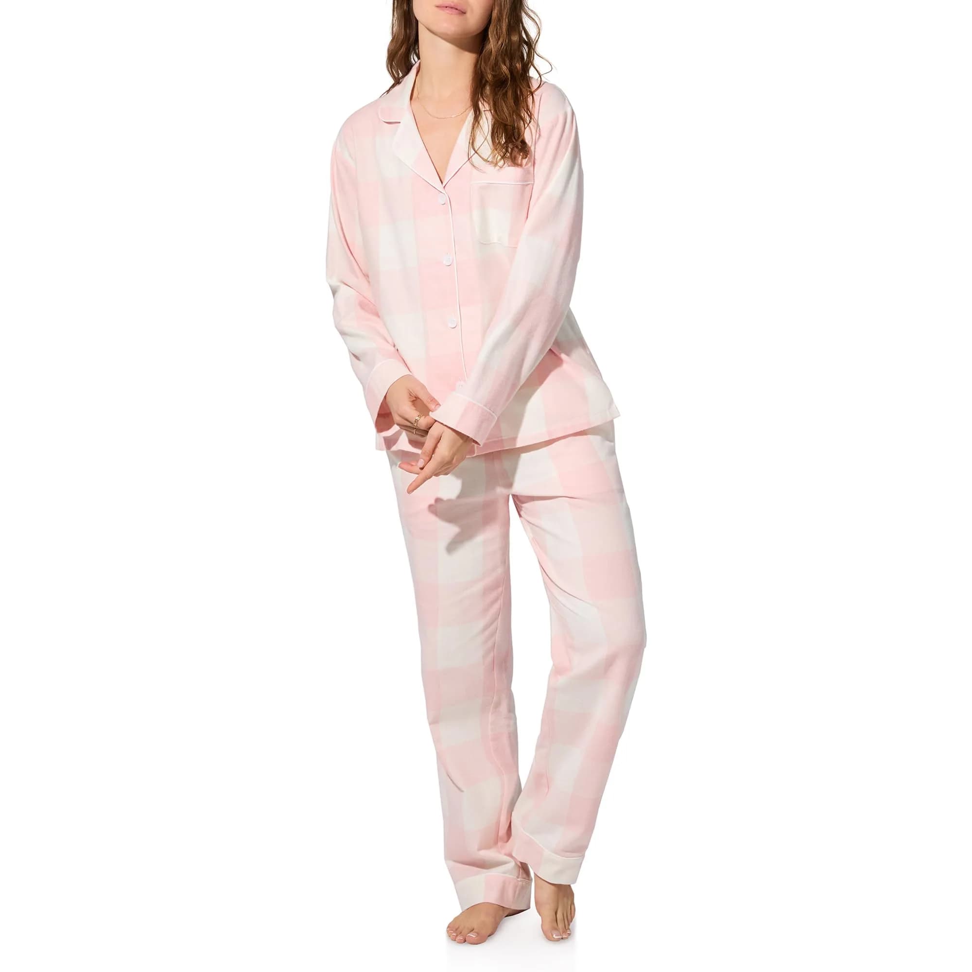Bed Head PJs Organic Cotton Flannel Twill Classic Long Sleeve Pajama Set, Pink Plaid, Small