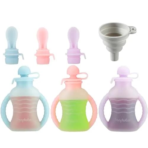 PandaEar 3 Pack Reusable Silicone Baby Food Pouches with 3 Puree Feeder Spoons & Funnel | 4oz Toddler Food Storage Pouch with Handle | BPA-Free Baby Squeeze Pouches thumbnail 1