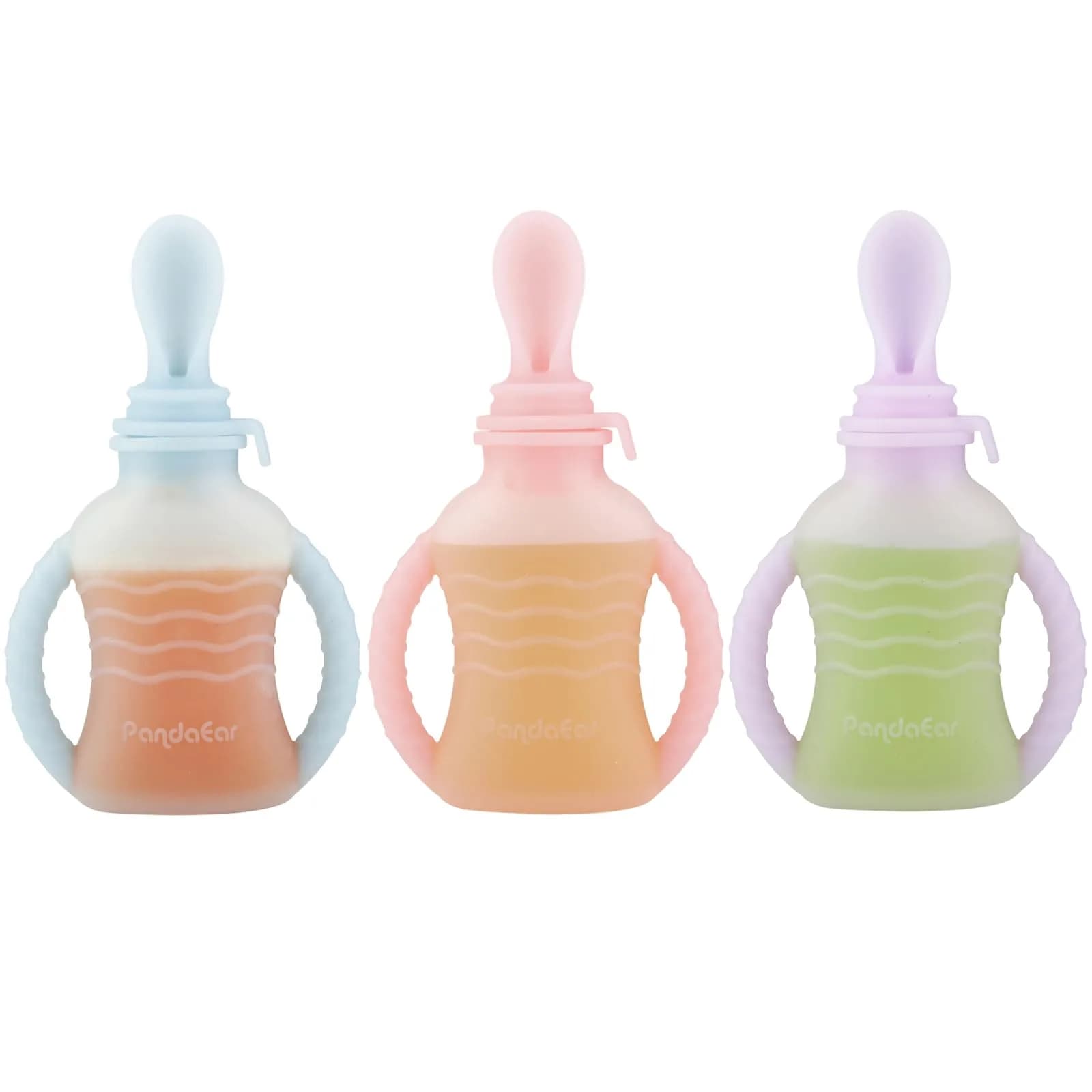 PandaEar 3 Pack Reusable Silicone Baby Food Pouches with 3 Puree Feeder Spoons & Funnel | 4oz Toddler Food Storage Pouch with Handle | BPA-Free Baby Squeeze Pouches - view 3
